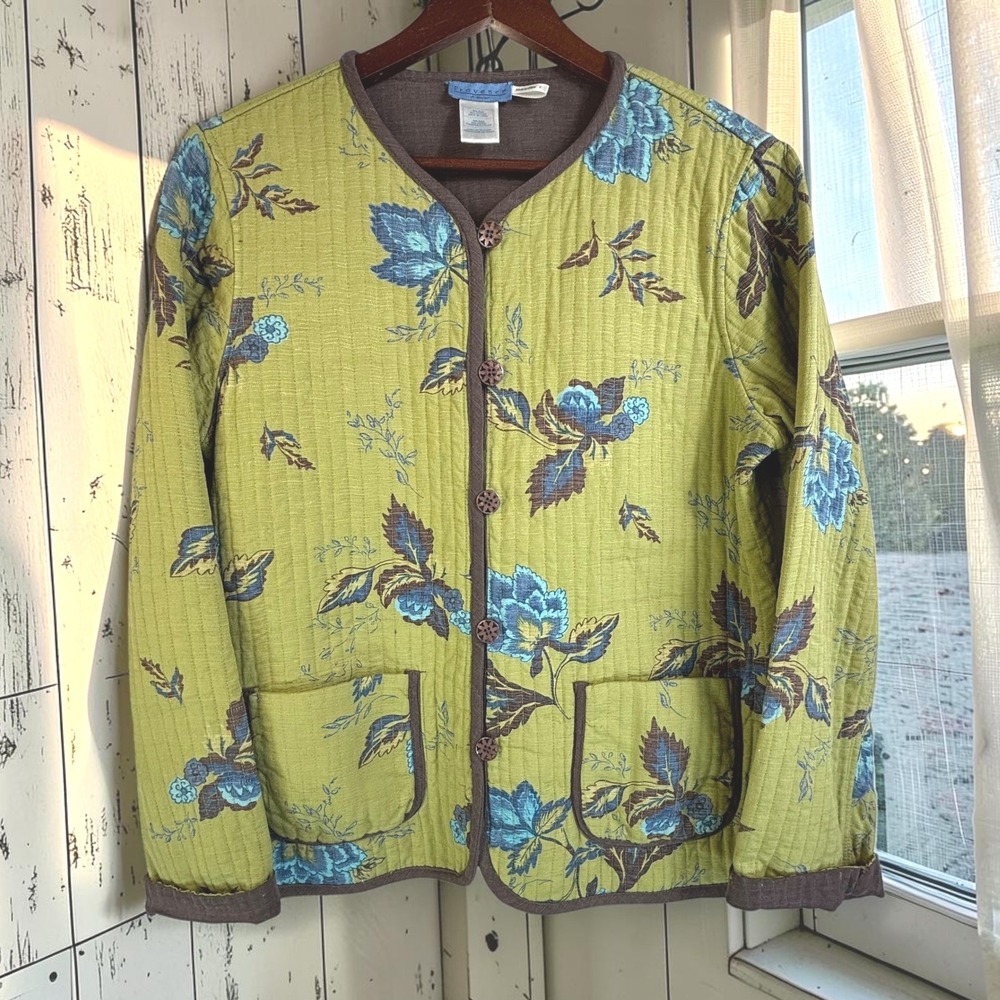 Vintage Quilted Jacket S Green Silk Cotton Floral Print Reversible Pocket Earthy